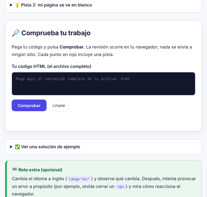 Se pega el código de un ejercicio, se pulsa Comprobar y la lista marca en verde lo que cumple y en rojo lo que falta con una pista