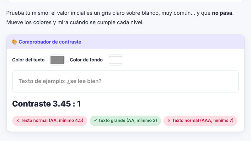 Se cambia el color del texto de gris claro a negro y la proporción de contraste sube de 3,45 a 21 mientras los niveles AA y AAA se van cumpliendo