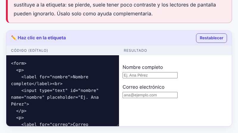 Se hace clic sobre el texto de cada etiqueta, el cursor salta al campo y se escribe el nombre y el correo