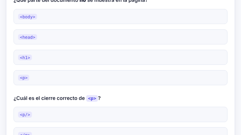 Se responden cuatro preguntas y cada una muestra al instante si es correcta y por qué