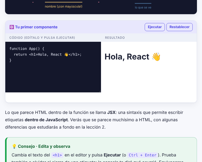 Editando un componente en el editor y viendo el resultado cambiar al ejecutar