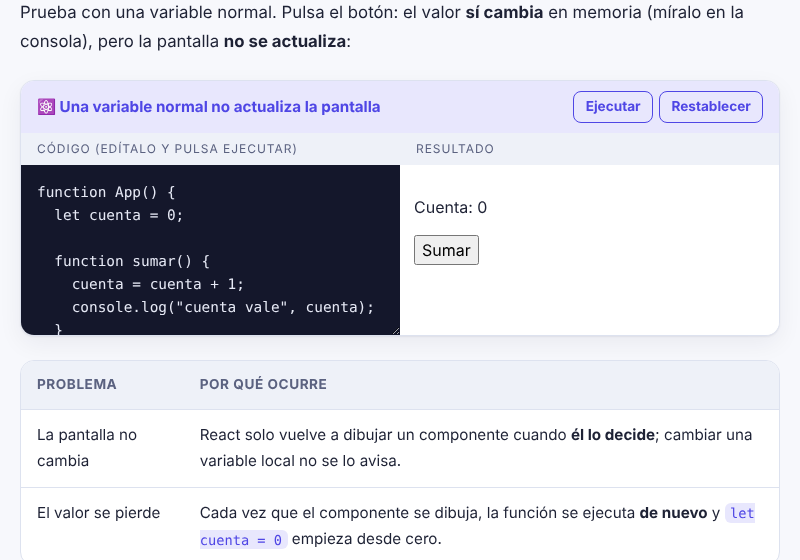 Un contador de React que sube al pulsar Sumar y vuelve a cero con Reiniciar
