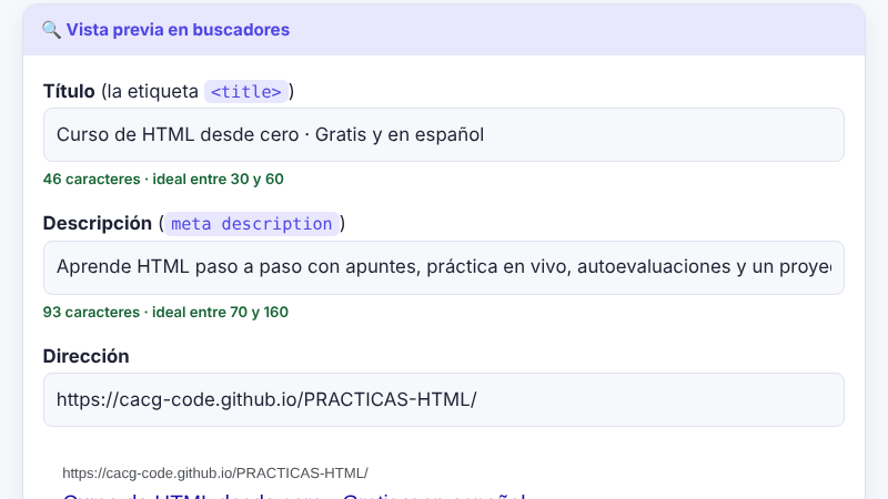 Se escribe un título y una descripción y la vista previa de buscador y los contadores de caracteres se actualizan