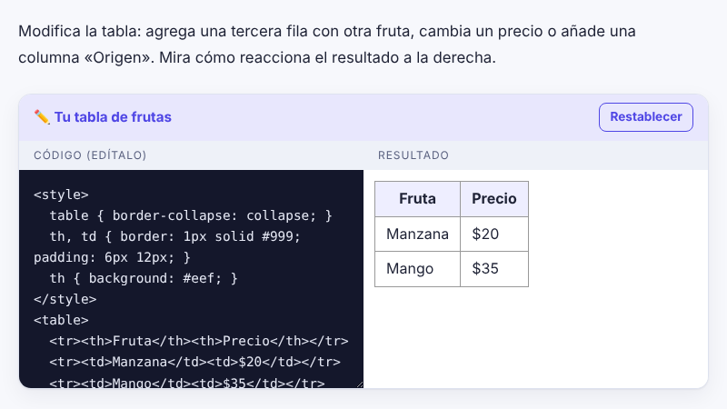 Se escriben dos filas nuevas en el editor y la tabla del resultado las muestra al instante